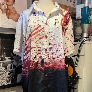 Blackmilk White Button-Down Shirt with Red Splatter and Black Gradient